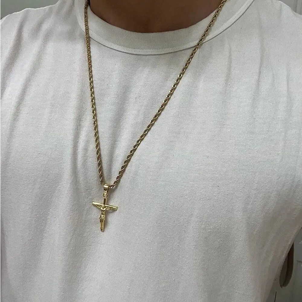 22” 18K Gold Plated Crucifix Cross Pendant Necklace Rope Chain Unisex Religious